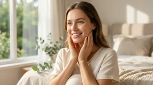 A portrait of a pregnant woman with radiant skin from using a brightening serum.