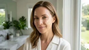 A 4K photorealistic photograph of a smiling woman with radiant, firm, and dewy skin, demonstrating the results of a dedicated exosome serum anti-aging routine under soft natural daylight.