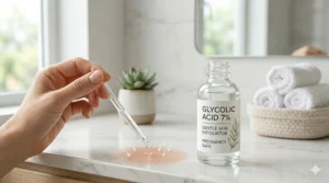 An illustration of glycolic acid exfoliating the skin barrier as a brighting, pregnancy safe retinol substitute.