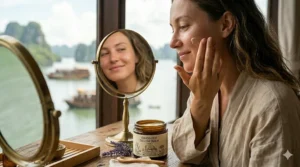 A nighttime skincare routine featuring grass-fed tallow balm applied to a clean face.