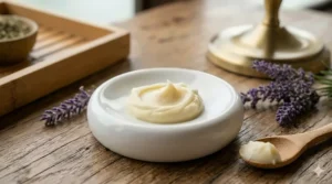 Close-up shot showing the smooth, creamy texture of grass-fed tallow balm for the face.