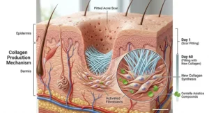A medical illustration showing how Centella Asiatica stimulates collagen synthesis to fill in pitted acne scars.