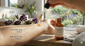 Skincare routine timeline graphic showing that bakuchiol serum can be safely applied during both morning and nighttime routines.