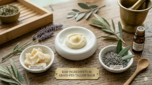Flat lay display of pure ingredients used in high-quality grass-fed tallow balm face products.