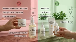 An infographic showing ingredients to avoid versus safe alternatives for a healthy pregnancy skincare routine.