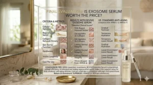 A summary chart evaluating if the clinical results of exosome serum make it worth the price for skincare routines.
