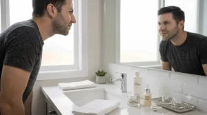 A man preparing for bed with a simple 3-step skincare for men routine to repair his skin overnight.