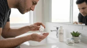 An infographic showing the simple 3-step skincare for men process: cleanse, treat, and moisturize.