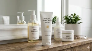 A tube of mineral-based sunscreen, a key product in a safe skincare routine during pregnancy to prevent melasma.