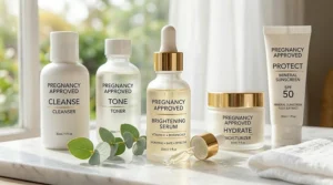 Steps of a morning routine featuring a pregnancy approved brightening serum.