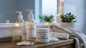 A relaxing nighttime skincare routine during pregnancy featuring safe oils and serums.