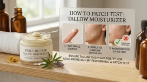 A person performing a patch test of tallow moisturizer on their jawline.