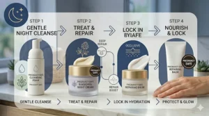 A nighttime skincare routine diagram featuring a nourishing, pregnancy safe retinol substitute to repair skin overnight.