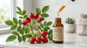 Botanical drawing of rosehip seed oil, a natural and hydrating pregnancy safe retinol substitute rich in vitamins.