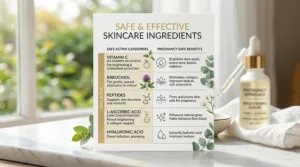 An infographic chart showing safe ingredients in a pregnancy approved brightening serum.