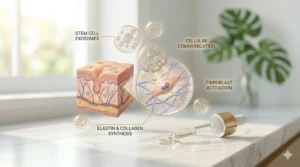 A 4K photorealistic scientific illustration showing detailed diagrams of stem cell exosomes activating fibroblasts to synthesize collagen and elastin, under soft natural light.