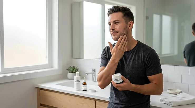 A man using a simple 3-step skincare for men routine to maintain healthy skin.