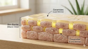 Diagram illustrating the skin barrier structure with skin cells as bricks and ceramides acting as the mortar.