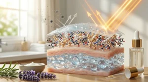 An illustration of a skin barrier fortified with ceramide cosmetics reflecting away pollution and environmental irritants.
