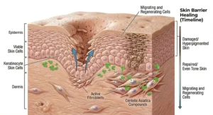 A 3D diagram of the skin barrier layers healing and repairing hyperpigmentation from old acne breakouts.