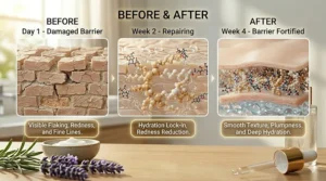 A timeline illustration showing skin barrier recovery and improved texture after using ceramide complex cosmetics.