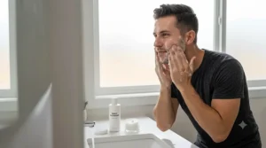 A man performing the first step of a simple 3-step skincare for men routine by washing his face.