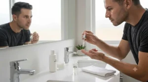 Applying a serum as part of a simple 3-step skincare for men regimen to target specific skin concerns.