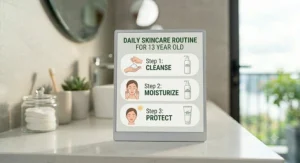 An infographic showing three simple steps of a skincare routine for 13 year old: cleanse, moisturize, and protect.