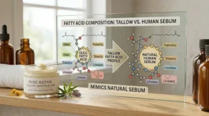 Infographic showing how tallow fatty acids mimic natural human sebum.