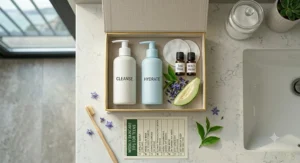 A flat-lay photo of basic skincare essentials for a 13-year-old's daily regimen.