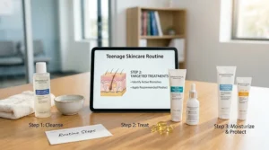 Simple steps for a daily hormonal teenage acne treatment skincare routine.