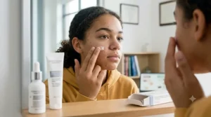 Gentle application of dermatologist-recommended hormonal teenage acne treatment cream.