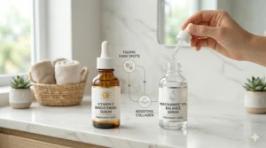 Vitamin C and niacinamide serums paired together as an effective, pregnancy safe retinol substitute combination for glowing skin.