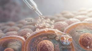 Scientific illustration showing how exosome serum works to improve skin texture and cellular health.