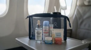 Essential skincare products like moisturizer and mist for airplane skin dehydration prevention.