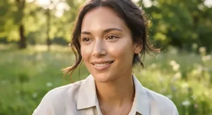 Fresh-faced model outdoors showing long-lasting results from wearing under eye concealer that doesn't crease throughout the day.