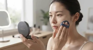 Person applying long-wear cushion foundation to achieve a shine-free complexion.