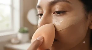 Close-up of a makeup sponge blending foundation with SPF for daily wear onto the cheekbone.