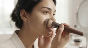 Using a kabuki brush to blend long-lasting matte foundation for oily skin across the cheekbone.