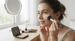 Model applying powder foundation for oily skin with a soft kabuki brush to achieve a matte finish.