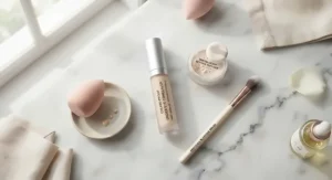 Makeup flat lay featuring a high-coverage under eye concealer that doesn't crease, translucent setting powder, and a blending brush.