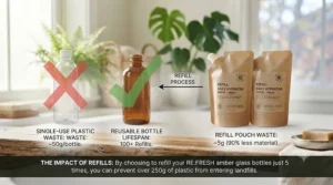 Infographic highlighting the waste-reduction benefits of choosing refillable skincare products.