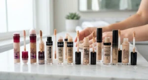 An assortment of popular drugstore liquid concealers with wand applicators arranged neatly on a surface.