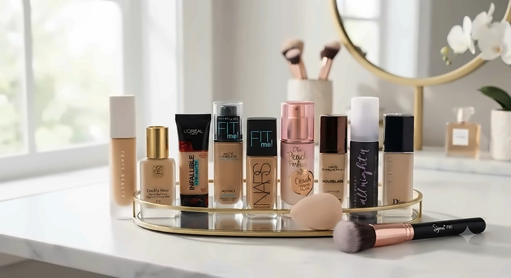 A selection of top-rated full coverage foundations specifically formulated for oily skin displayed on a vanity.