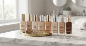 Bottles of liquid foundation with SPF for daily wear displayed neatly on a marble countertop.