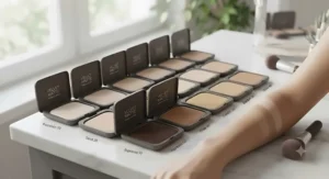 Selection of various shades of powder foundation for oily skin displayed for color matching.