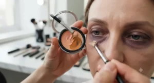 A peach color corrector palette used underneath brightening concealer to neutralize dark circles.