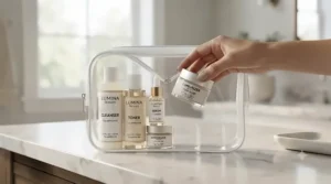 A compact, clear toiletry bag containing a TSA approved skincare set organized for efficient travel.