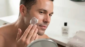 Step-by-step visual guide for applying post-shave soothing treatment on a man's face.