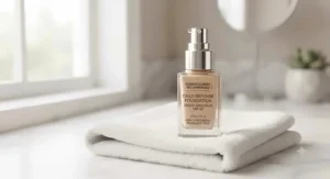 A sleek pump bottle of dermatologist-tested foundation with SPF for daily wear resting on a white washcloth.